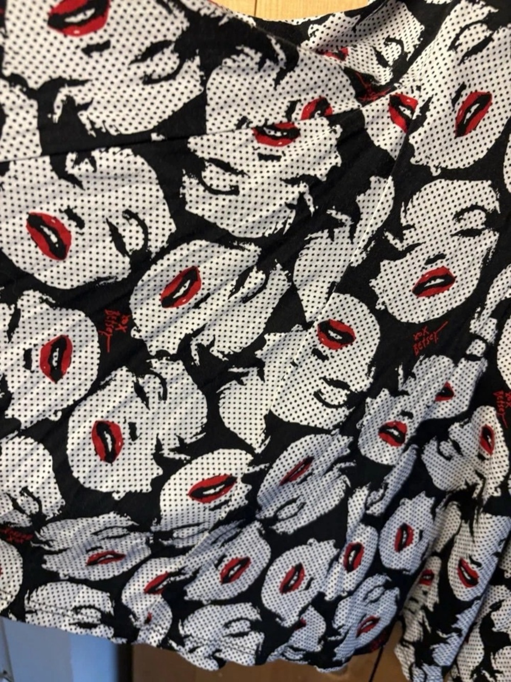 Betsey Johnson Black & White Pop-Art Face Print Midi Dress with Red Lips - Picture 14 of 15